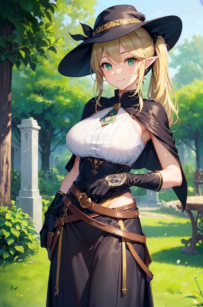 (((masterpiece; best quality: 1.2))), (finely detailed eyes: 1.3), (25 year old elf woman), (solo), (green eyes: 1.4), (body; big breasts, fit, femenine: 1.3), (silky blonde hair in low ponytail: 1.3), (beautiful and clear background: 1.2), ((depth of field)), (equipment: adventurer attire + modest + elegant wide-brimmed hat + dark blouse + dark cape + black long skirt + gloves + belt + pouches: 1.3), (anime illustration: 1.2), (background composition; royal garden: 1.1), (extremely fine and beautiful: 1.1), (shot composition; standing + centered on torso + close-up: 1.5), (expression; calm, smile: 1.2)