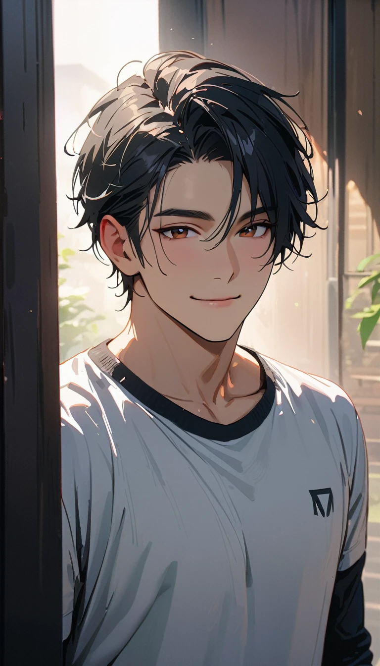 20 years old ,modern, Verism, masterpiece, textured skin, super detail, best quality, 4K , A handsome man, black hair, short hair, light smile, happy