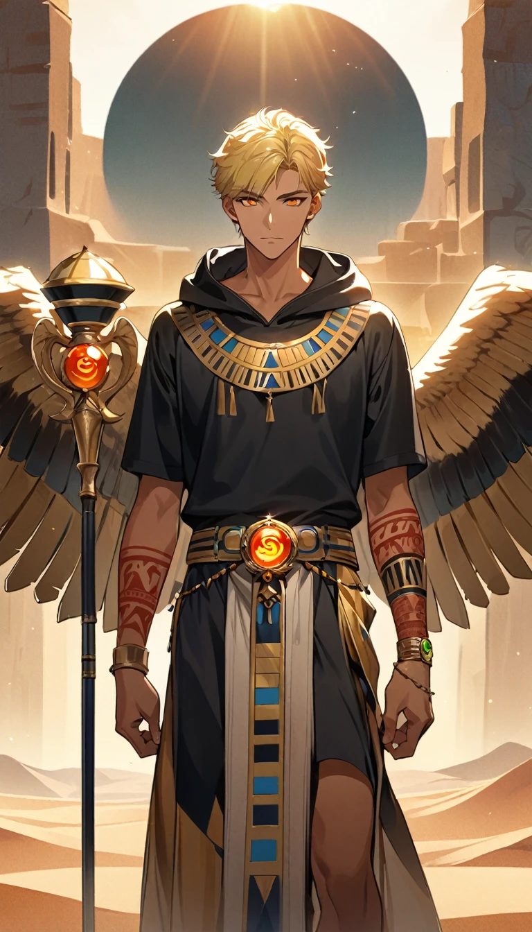 Desert Background，Handsome young man, blond, Orange Eyes, short hair, Black Hoodie,high quality, Draw Amount, pixiv illustrations，Tanned skin，Red tattoo on the arm，(Egyptian style，Egyptian Dress Up)，Scepter，earrings，Sunlight，((Vision)),Eagle wings，full-body shot，
