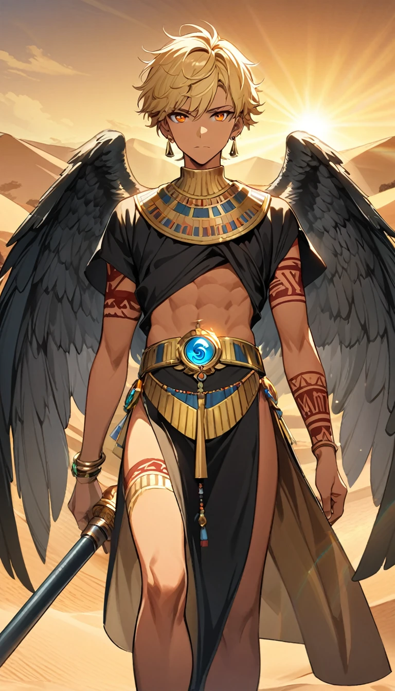 Desert Background,Handsome young man, blond, Orange Eyes, short hair, Black Hoodie,high quality, Draw Amount, pixiv illustrations,Tanned skin,Red tattoo on the arm,(Egyptian style,Egyptian Dress Up),Scepter,earrings,Sunlight,((Vision)),Eagle wings,full-body shot,