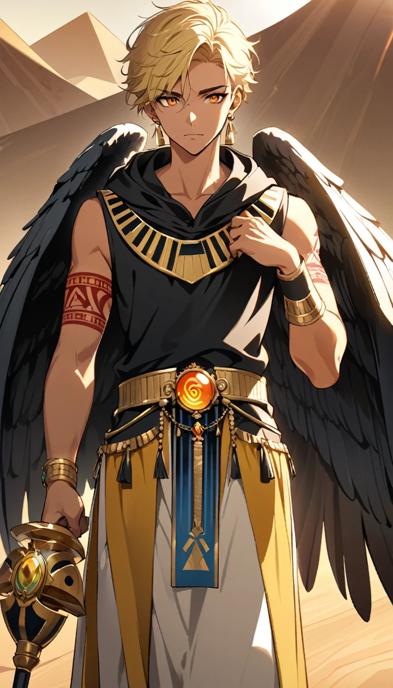 Desert Background,Handsome young man, blond, Orange Eyes, short hair, Black Hoodie,high quality, Draw Amount, pixiv illustrations,Tanned skin,Red tattoo on the arm,(Egyptian style,Egyptian Dress Up),Scepter,earrings,Sunlight,((Vision)),Eagle wings,full-body shot,