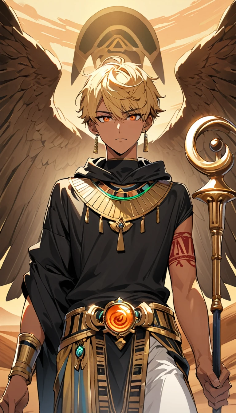 Desert Background,Handsome young man, blond, Orange Eyes, short hair, Black Hoodie,high quality, Draw Amount, pixiv illustrations,Tanned skin,Red tattoo on the arm,(Egyptian style,Egyptian Dress Up),Scepter,earrings,Sunlight,((Vision)),Eagle wings,full-body shot,