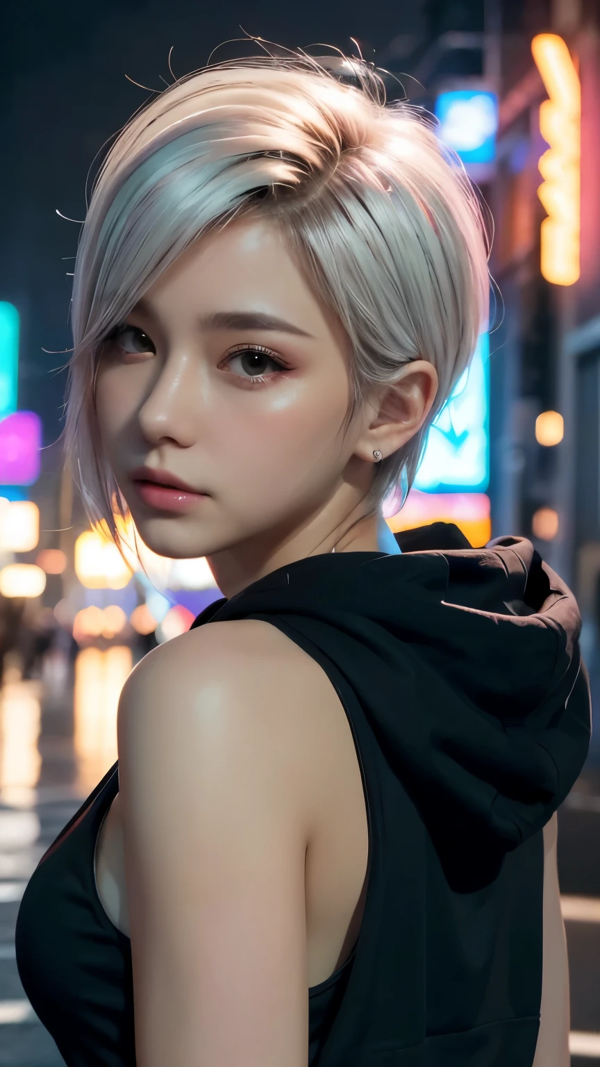 masterpiece, Highest quality, Very detailed, 8k, Realistic, One Girl, alone, Tomboy, Very detailed face, (head shot:1.5), Cyberpunk neon lit futuristic city、Neon lights illuminate the scene, at night, Cyberpunk art, 32K, Ultra HD, Unreal Engine Rendering, Cinema Lighting,Pixie cut white hair, He is wearing a short tank top and an open-zipped hoodie.....,I can see your chest,Nice ass,Wear a New Era cap