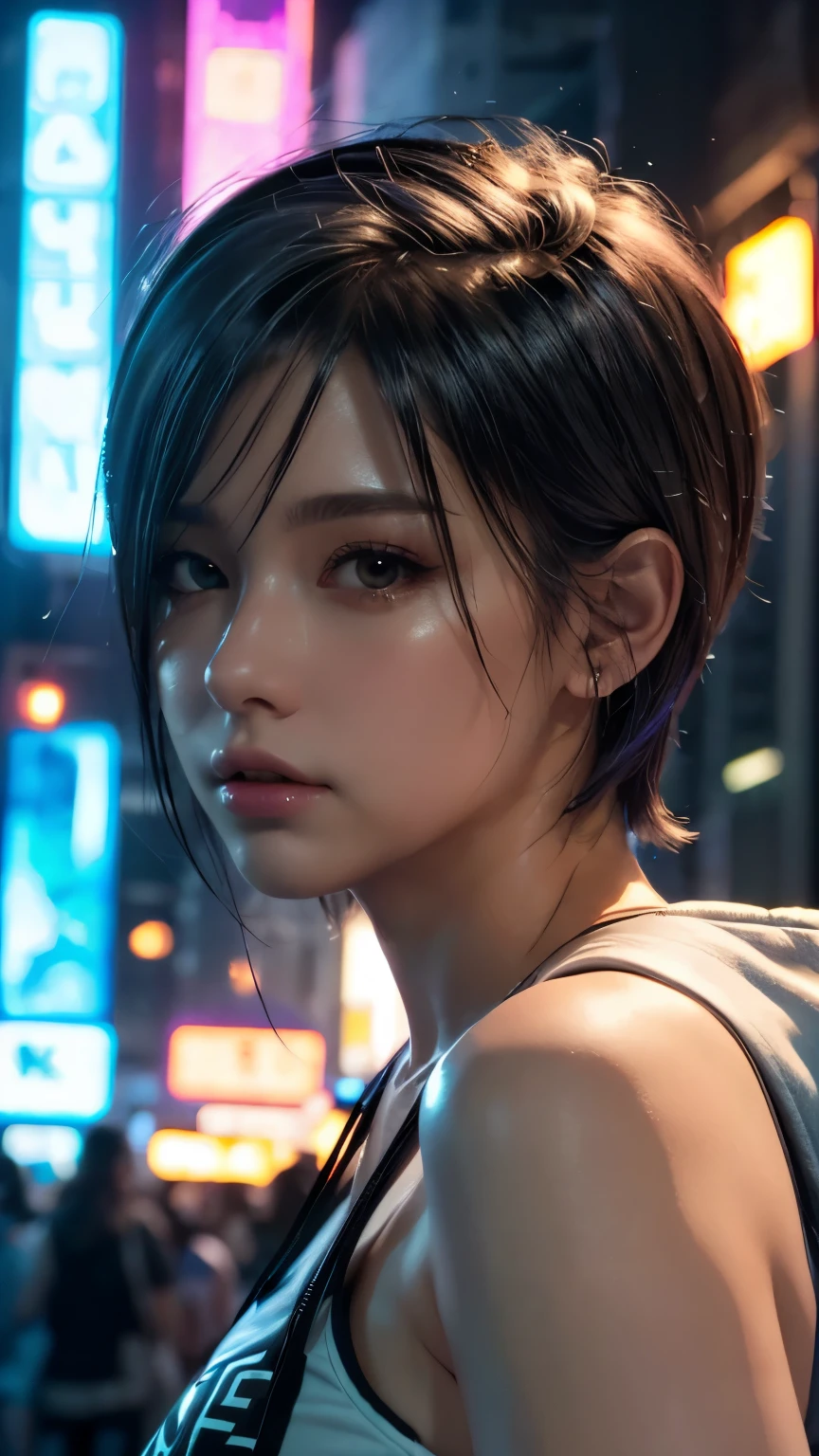masterpiece, Highest quality, Very detailed, 8k, Realistic, One Girl, alone, Tomboy, Very detailed face, (head shot:1.5), Cyberpunk neon lit futuristic city、Neon lights illuminate the scene, at night, Cyberpunk art, 32K, Ultra HD, Unreal Engine Rendering, Cinema Lighting,Pixie cut white hair, He is wearing a short tank top and an open-zipped hoodie.....,I can see your chest,Nice ass,Wear a New Era cap