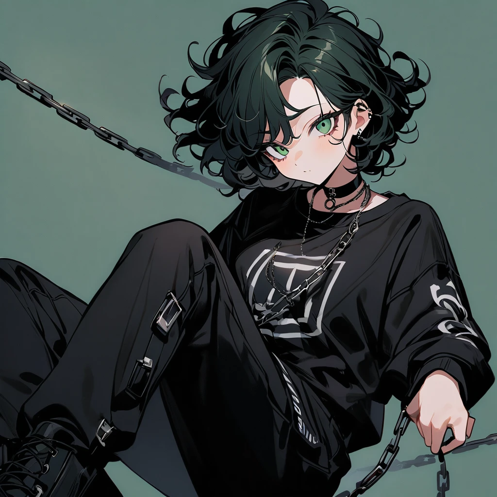 (well done:1) woman, long black curly hair, gray left eye, dark green right eye, black choker, black sweatshirt with white details, black sweatpants with some chains around them, black boots.