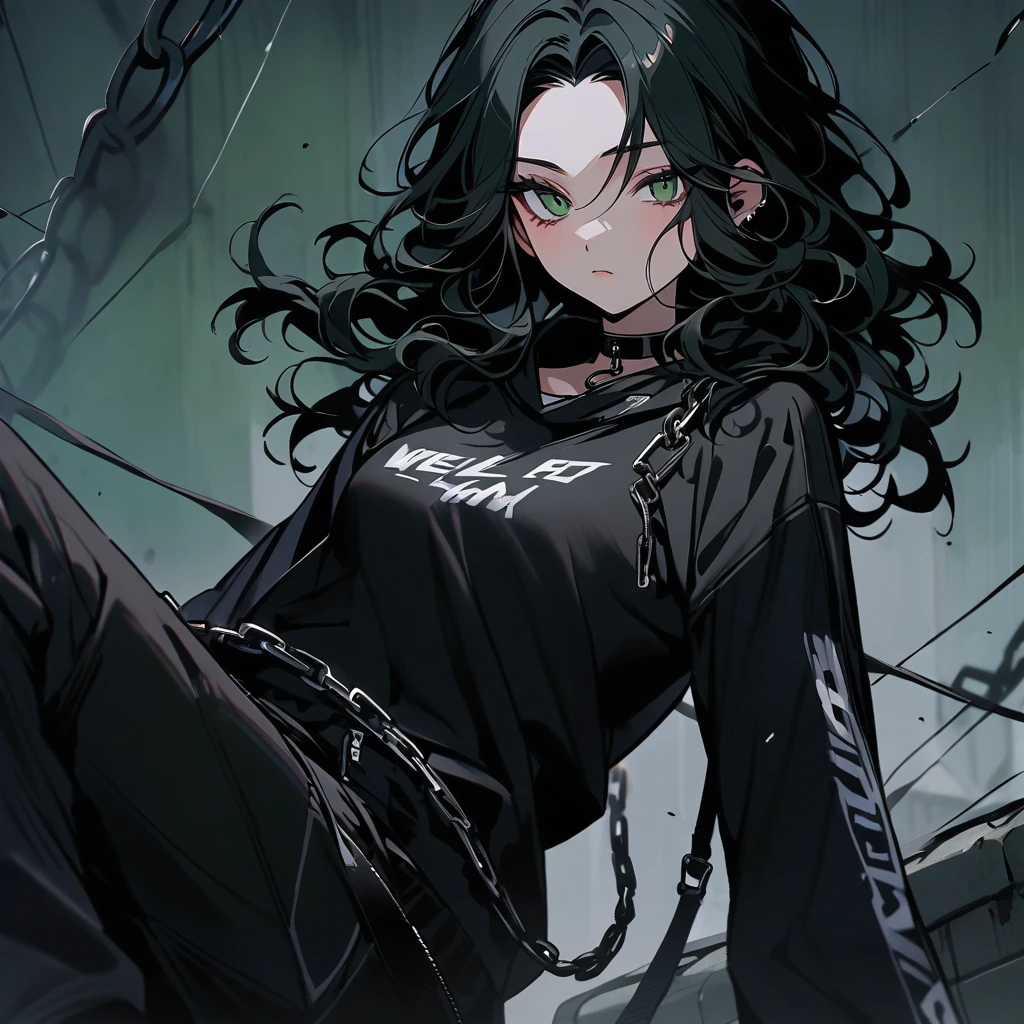 (well done:1) woman, long black curly hair, gray left eye, dark green right eye, black choker, black sweatshirt with white details, black sweatpants with some chains around them, black boots.