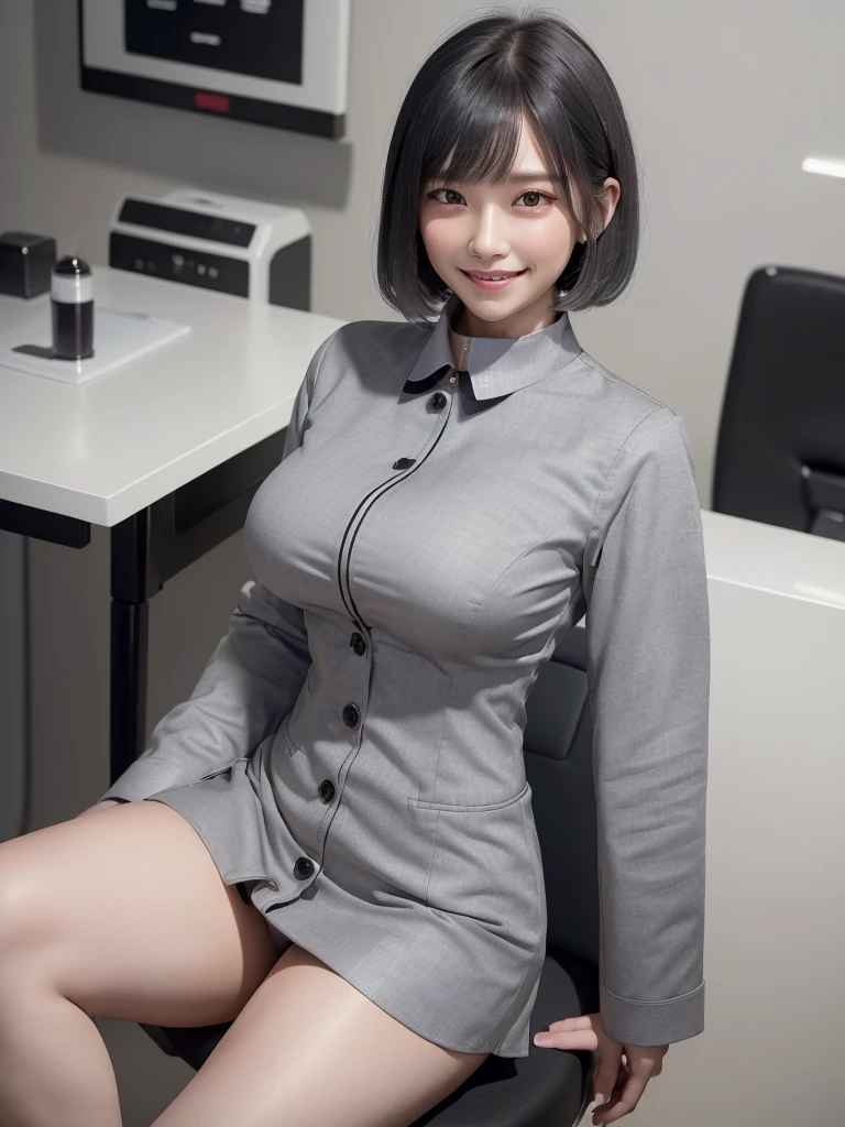Highest quality、masterpiece、8k、Very detailed、Realistic、(One girl)、(Looking at me with a smile:1.5)、whole body、(Black Hair)、Short Hair、Small face、(Slender:1.2)、(:1.2)、(White business shirt with buttons andollar:1.2)、(short tightt in gray,:1.2)、(Grey business jacket:1.2)、office、Sit on a chair and cross your legs