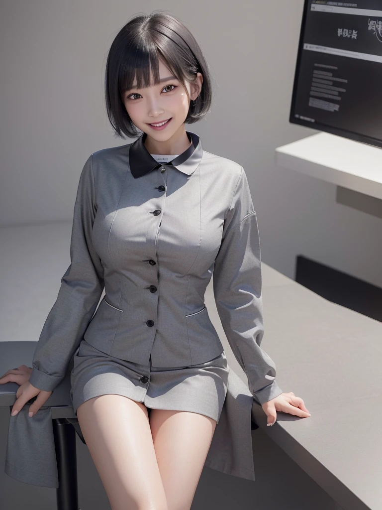 Highest quality、masterpiece、8k、Very detailed、Realistic、(One girl)、(Looking at me with a smile:1.5)、whole body、(Black Hair)、Short Hair、Small face、(Slender:1.2)、(Big Breasts:1.2)、(White business shirt with buttons and a collar:1.2)、(short tight skirt in gray,:1.2)、(Grey business jacket:1.2)、office、Sit on a chair and cross your legs