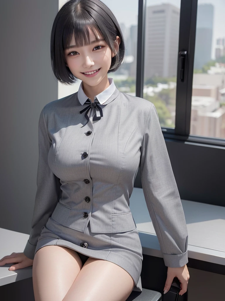 Highest quality、masterpiece、8k、Very detailed、Realistic、(One girl)、(Looking at me with a smile:1.5)、whole body、(Black Hair)、Short Hair、Small face、(Slender:1.2)、(Big Breasts:1.2)、(White business shirt with buttons and a collar:1.2)、(short tight skirt in gray,:1.2)、(Grey business jacket:1.2)、office、Sit on a chair and cross your legs