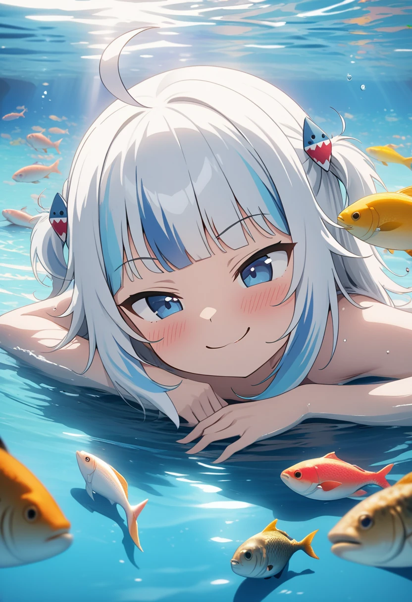 ((Gawr gura)), ((Masterpiece)), ((best quality)), (Anime: 1.3), (super detail: 1.2), (High definition: 1.3), (Professional photography: 1.2), ( cinematic lighting), (flattened body), (looking at another), ahoge, messy hair, (blush), (smug), (ultra detailed), (cute pose), 1girl, full body, ((in the sea)), (surrounded by beautiful fish), colorful bubble, marine nature, perfect environment, brightness, (sharp focus), (perfect light),