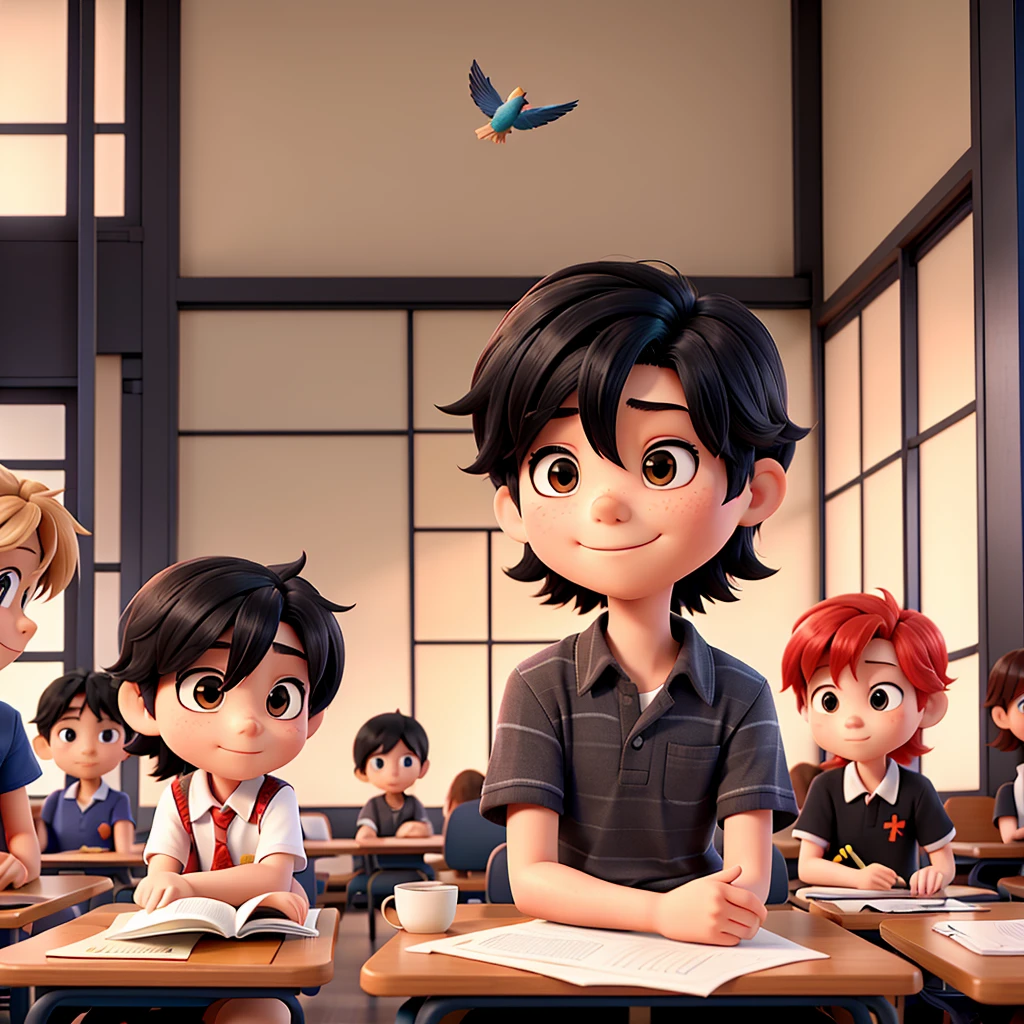 a Japanese boy of approximately , straight black hair, holding a paper bird in his hand he is sitting on a chair in a classroom together with his friends who have red hair,blond. Students are seated 