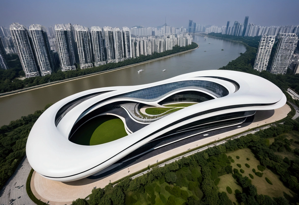 Arafur voit un bâtiment au toit incurvé,Il y a une rivière devant, Hangzhou, Inspiré par Cha Shibiao, Cha Shibiao, Le style de l'architecte Zaha Hadid, Architecture de style Zaha Hadid, Shenzhen, fille, immense bâtiment futuriste, style zaha Hadid, style adoptif normand, Calatrava
