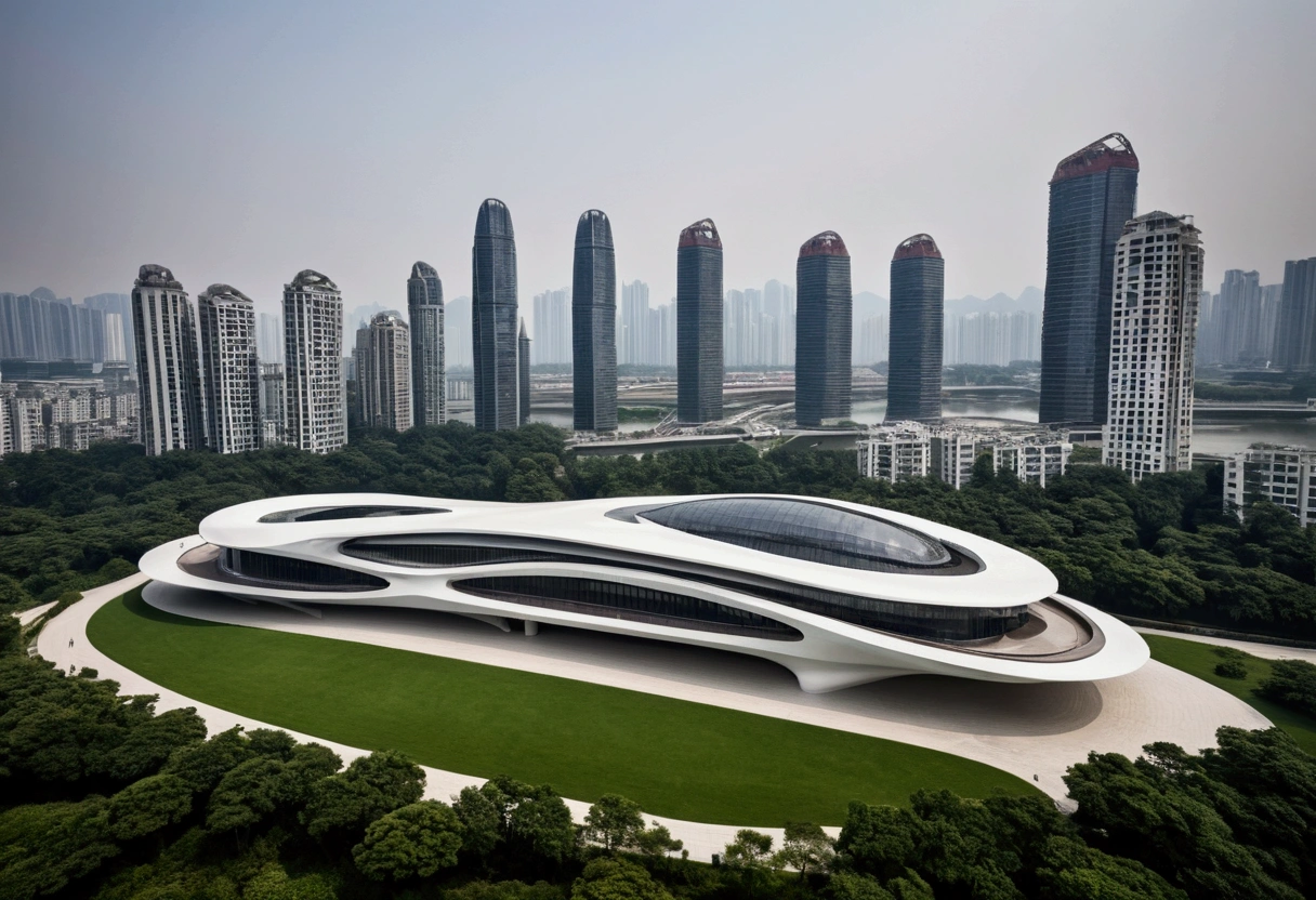 Arafur voit un bâtiment au toit incurvé,Il y a une rivière devant, Hangzhou, Inspiré par Cha Shibiao, Cha Shibiao, Le style de l'architecte Zaha Hadid, Architecture de style Zaha Hadid, Shenzhen, fille, immense bâtiment futuriste, style zaha Hadid, style adoptif normand, Calatrava