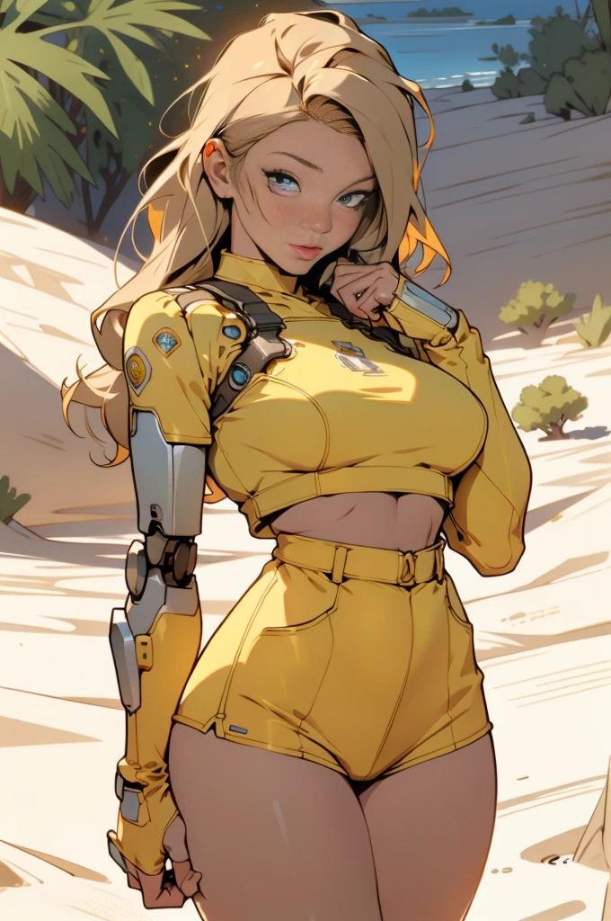 high quality, 4k, masterpiece, beautiful, Rita Faltoyano, cowboy shot, dull eyes, front, looking at viewer, long blonde hair, girl, huge breasts, fit thighs, robotic arms, robotic body, cyborg body, yellow & white uniform, orange accent, intricate detail, joint, detailed lines, robotic detail, holding fist up, holding hand up as fist, color robotic parts, robotic parts with color, perfect fingers, on a desert planet, sunny background, colorful desert, a river or a lake in the background, slender thighs, skinny thighs,