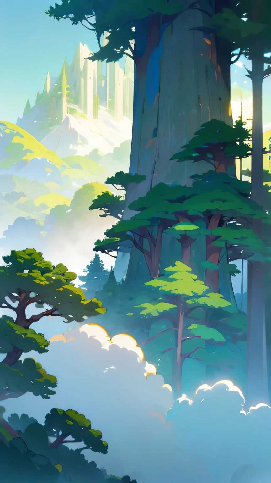 Mountainous Divine Pine Tree, Massive Pine Tree towering over mountains with fog below, Pine Tree, Green and White color scheme only, Green and White colors only, Green and White, Made in Abyss, Stormlight Archive, Studio Ghibli, Anime Key Visual, by Makoto Shinkai, Deep Color, Intricate, 8k resolution concept art, Natural Lighting, Beautiful Composition