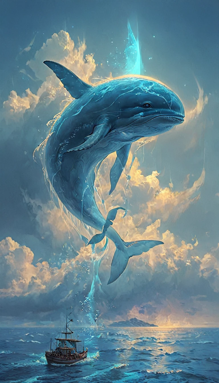 a flying whale:1.5, giant blue whale, underwater scene, deep ocean, bioluminescent glowing, ethereal atmosphere, glowing blue whale, majestic ocean creature, surreal fantasy, magical realism, dreamlike landscape, (best quality,4k,8k,highres,masterpiece:1.2),ultra-detailed,(realistic,photorealistic,photo-realistic:1.37),HDR,UHD,studio lighting,extremely detailed whale anatomy,extremely detailed ocean environment,vibrant blue and green colors,dramatic lighting,cinematic composition