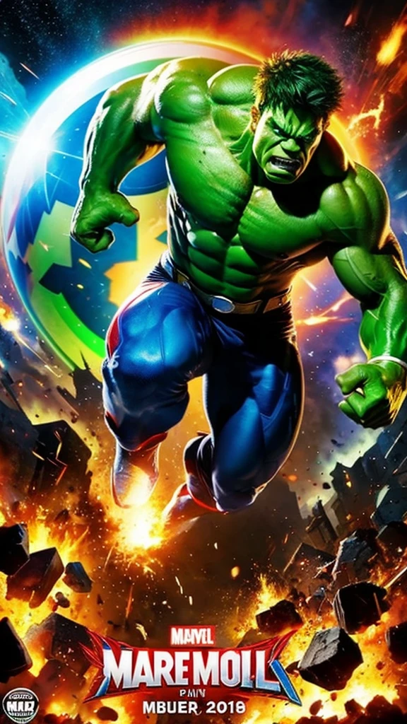 Marvel superhero Hulk. Playing soccer. Chaos everywhere background.