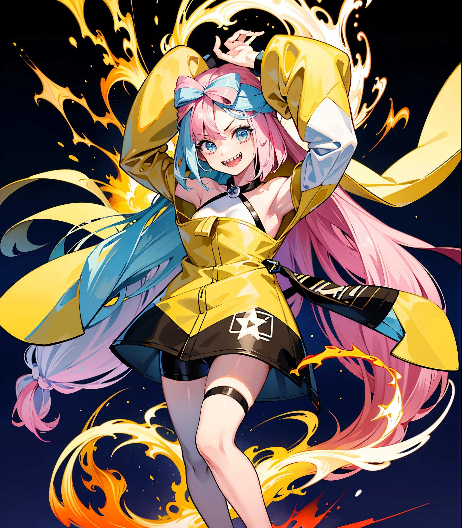 Highest quality、masterpiece、Anime Style、Pink hair and blue eyes、Yellow Jacket、Please raise your right hand、Lower your left hand、Stand only on your right foot、Raise your left leg。Sharp teeth、smile、White Background,Nanjamo,No text