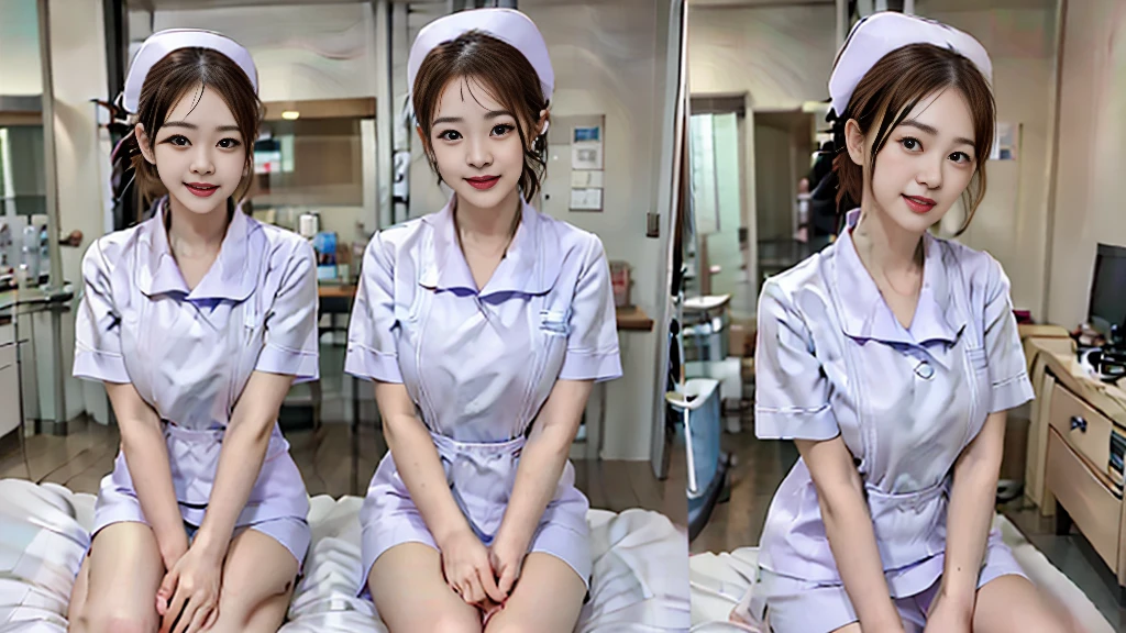 ((super high quality、High resolution、masterpiece、 Anatomically correct、Super detailed photos、Ultra-realistic photos、 Highest quality))、(3girls)、looking at viewer、On a bed in an empty hospital room、kneeling、ass pov、(cowboy shot)、(nurse uniform:1.2)、nurse cap、mini skirt、(from front)、((huge breast))、Small waist、Large Breasts、Detailed face、Perfect figure、Brown Hair、Medium Hair、