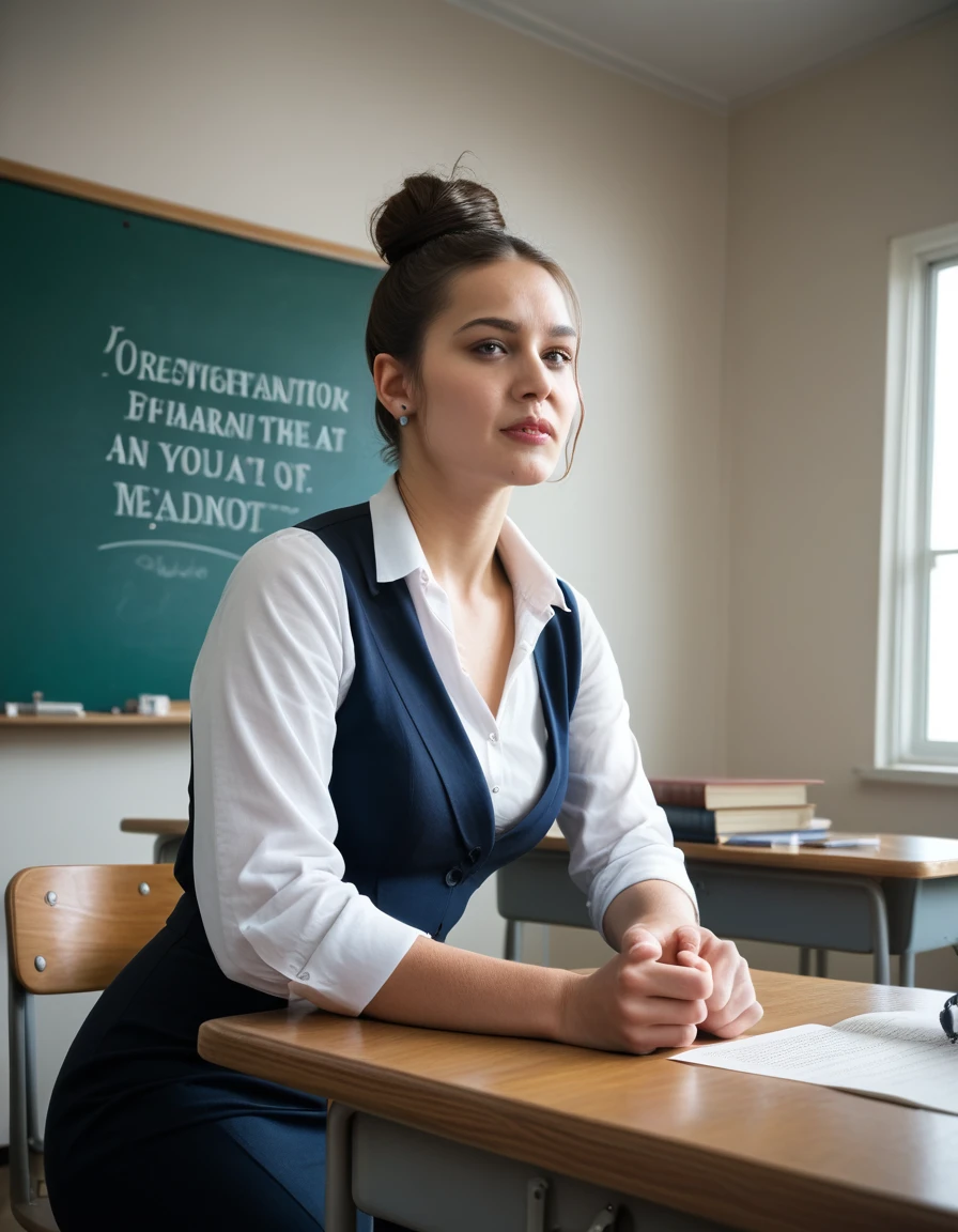 Photo of a 40-year-old woman whose figure stands out for her moderate curves that enhance her femininity in an elegant and natural way. Working as a teacher in a classroom. The teacher is ((sitting behind her desk)) (very detailed skin) her skin has a soft tan tone, she has a defined waist that is accentuated harmoniously giving way to full and shapely hips. Her bust is moderate, complementing her curvy figure in a balanced way. The teacher formally dressed in a white blouse and a black skirt. ((hair tied up completely in a bun)) forehead and ears uncovered. His expression is friendly and confident, conveying his commitment and passion for teaching. The background shows details of the room such as shelves with books, educational posters on the walls and a window that lets in natural light. , Canon, 85mm, f/2.8, wide angle, from below, close-up, social media composition, 4K, anatomically correct, high details, best quality, super detail.