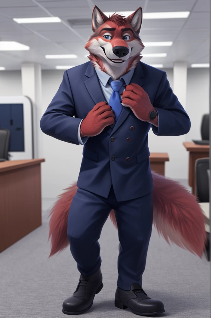 Fedorovich Wolfbach fell (Novosibirsk) ,tall handsome, wolf,young, 24 years, brown fur,Kind,(red body:1.3),beautiful blue eyes,Novosibirsk,dressed, white jacket,shirt,Red tie,trousers, shoes,canine, wolf, detailed fur, Male, second, paw pads, finger claws,At the viewer, 5 fingers, paws, 5 fingers, smile, wrist watch, т nextel,by xenoforge, (difficult, high detail, digital photography, soft focus, RAW,Collegium of Advocates,Very close to the camera, variety,Novosibirsk, smile, good mood, positive, Very close to the camera, office,
photorealism, realistic, photorealistic, digital style, subsurface scattering,I look at the viewer,hugs the she-wolf,
masterpiece, Best quality, ultra realistic, 8 thousand.)