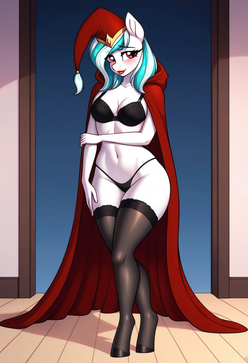 (My little pony), anthro, ((turquoise to white hair gradient)), white body, red eyes, medium breasts, red lips, perfect lines, beautiful quality, room, ((very shy pose)), ((red mage costume)), mage hat, radiant light, black stockings, black panties under clothes, big ass, front view, black bra under clothes, thin thong