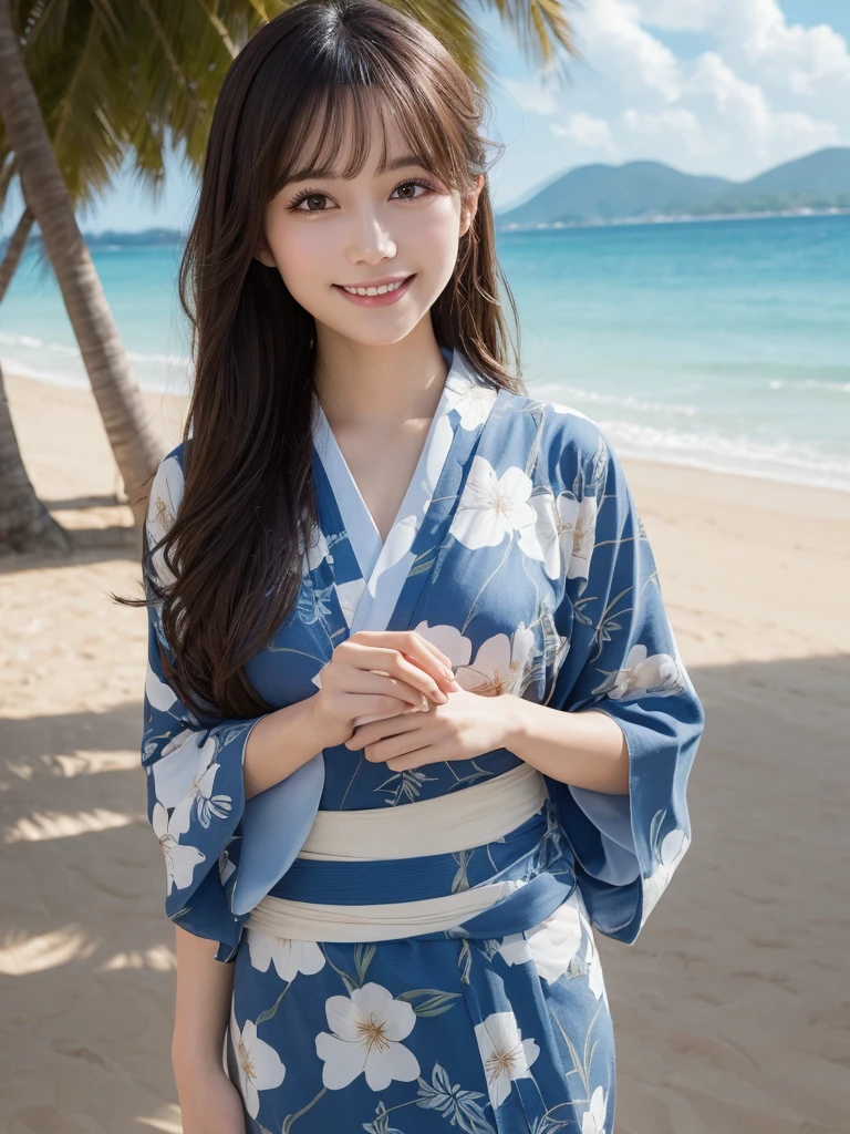 masterpiece, best quality, illustration, ultra-detailed, finely detailed, high resolution, 8K wallpaper, perfect dynamic composition, beautiful detailed eyes, beach, summer, yukata, long hair, relaxed pose, cute, smile, looking at camera