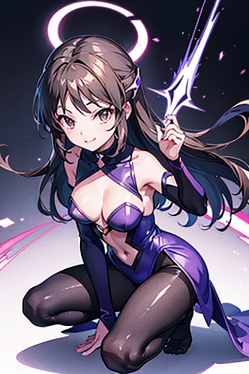 Highest quality　Highest quality　Draw a face carefully　High quality anime style faces　Super glowing skin　Black full body suit　Purple Pantyhose　barefoot　Succubus　Lure　smile　Squat