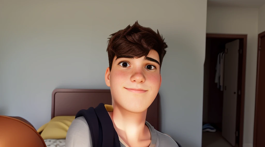 A young man, 15 years old, in his room, looking at the camera.