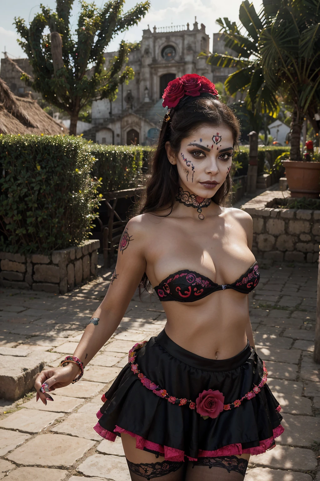 day of dead face-paint. centre composition. subject low in picture. Dias de los Muertos revealing La Catrina costume. alluring sexy sensual woman wearing full Day Of The Dead face make-up, standing on high dam top above mexico village. vintage photograph. 8k cinematic. hyper-realistic.