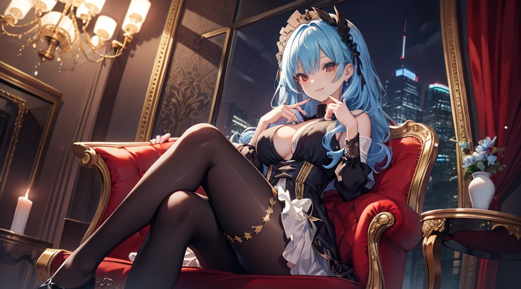 Highest quality, masterpiece, figure, wallpaper,One girl,Black Shirt, Light Hair, Beautiful detailed girl, Highly detailed eyes and face, Beautiful attention to detail, Shine,Browsing Caution, View your viewers, Chair, night, Black Pantyhose, Straight hair, Red Eyes, Semi-long hair,Light blue hair, thick_Thighs, Large Breasts, Red eyes,beautiful finger, clear background, deep night, sit、smile、Big earrings、bracelet、Gal、candle、Manicure