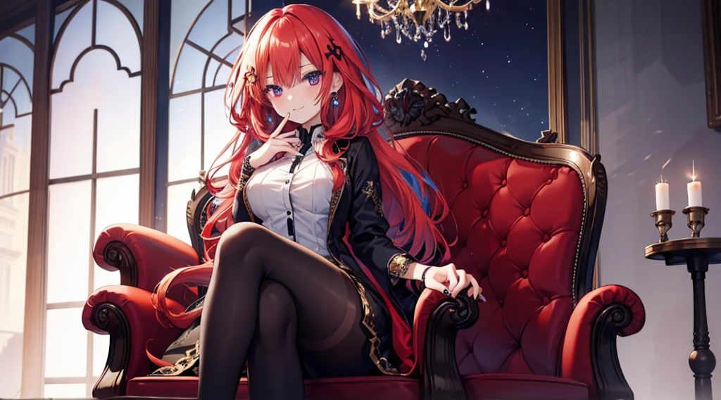 Highest quality, masterpiece, figure, wallpaper,One girl,Black Shirt, Light Hair, Beautiful detailed girl, Highly detailed eyes and face, Beautiful attention to detail, Shine,Browsing Caution, View your viewers, Chair, night, Black Pantyhose, Straight hair, Red Eyes, Semi-long hair,Light blue hair, thick_Thighs, Large Breasts, Red eyes,beautiful finger, clear background, deep night, sit、smile、Big earrings、bracelet、Gal、candle、Manicure