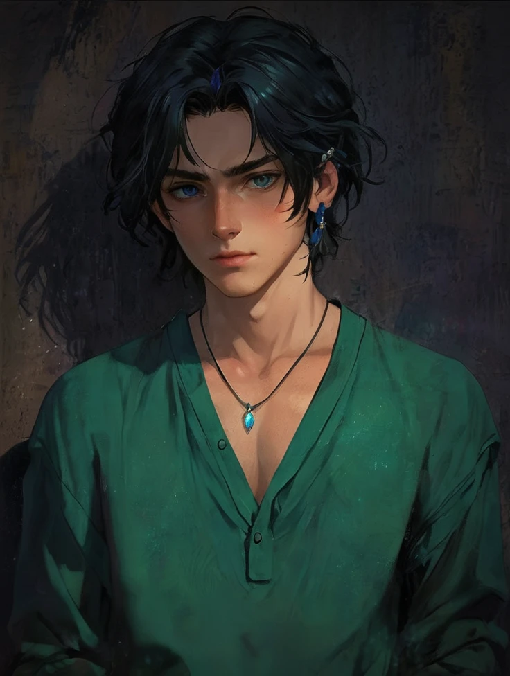 Create a 17-year-old male, She has slightly long blonde hair with a few white hairs mixed in. , Golden Eyes, Necklace with blue stone and some details, Black medieval costume and colorful bracelets , A red cloth wrapped around his waist、A serious face that gives off the aura of a good person.