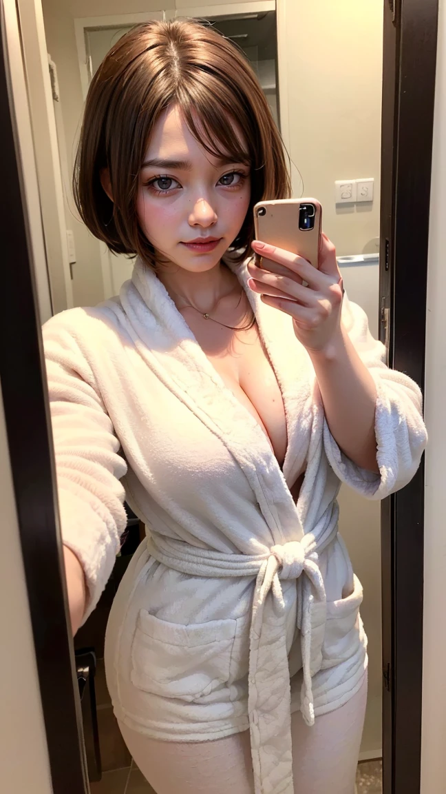 ((Highest quality, 8k, masterpiece :1.3)), (Sharp focus :1.2, Beautiful woman with perfect figure :1.4, Slim Abs :1.2), ((Big Breasts, Emphasize cleavage:1.3)), (Photorealistic:1.4), (realistic:1.4), (Light brown hair:1.5), Highly detailed face and skin texture, Fine grain, double eyelid. Makeup face, A little bit of lipstick, sex appeal, Sexy gravure pose, (A beautiful brunette woman in a white bathrobe is relaxing in the bathroom。Her hair is bob-cut、Taking a selfie in front of the mirror。:1.3)