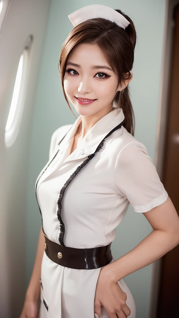 (Japanese women, 1 girl, Unparalleled beauty, Seduce, smile, Small face, Perfect Style, Body based on human mechanics, RAWphotograph, Real person:1.4) photograph, (Professional Lighting), (((Highly detailed face))), ((double eyelid)), Thin eyebrows, (Glossy Lips:1.4), ((可愛いsmile:1.2)), (blush:1.2), break, (Classy and cute girl:1.3), (Wearing the elegant flight attendant uniform of Japan Airlines:1.2)、(Brown Hair, ponytail, Elegant light make-up, eyeliner, mascara:1.4), Smaller breasts, Beautiful, smooth skin, Soft Skin, 22 years old, ((Slender body)), (White nurse costume,, Tifa Lockhart:1.4), Attractive face,