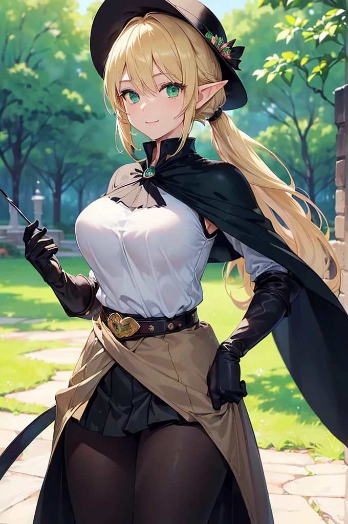 (((masterpiece; best quality: 1.2))), (finely detailed eyes: 1.3), (25 year old elf woman), (solo), (green eyes: 1.4), (body; big breasts, fit, femenine: 1.3), (silky blonde hair in low ponytail: 1.3), (beautiful and clear background: 1.2), ((depth of field)), (equipment: adventurer attire + modest + elegant wide-brimmed hat + dark blouse + dark cape + black long skirt + gloves + belt + pouches: 1.3), (anime illustration: 1.2), (background composition; royal garden: 1.1), (extremely fine and beautiful: 1.1), (shot composition; standing + centered on torso + close-up: 1.5), (expression; calm, smile: 1.2)