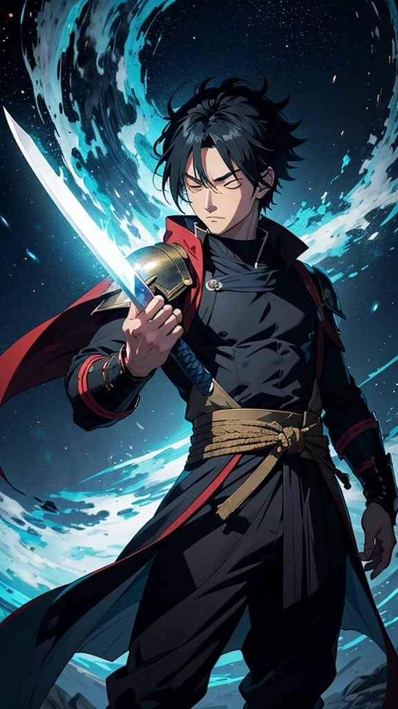 Create the most stunning and highly detailed image of a fictional anime/manga character with high-quality martial arts in manhwa style. The character should embody the personality of Musashi Miyamoto from "Vagabond" and have the appearance of Shiryu from "Saint Seiya."

Details:
- The character is meditating with a fierce expression.
- He is an ancient warrior who has lived for thousands of years but still appears young.
- He resides in ancient times, but his features are modern.
- He is alone on a mountain in a fantastical world that has been destroyed.
- He has stylish clothing and hair, is tough and blind with his eyes closed.
- He bears a scar over his eye like Kakashi Hatake from "Naruto."
- He holds a sword that can cut through space-time, preparing for a war against his greatest enemy, a dragon currently tearing through the fabric of space-time to reach him from another dimension.
- He exudes extraordinary energy and has long hair that glows in the sunlight, with colors similar to Kaiser's hair from "Blue Lock."
- The image must be extremely detailed, in 4K resolution and 60 FPS quality, and suitable for use as a profile picture on social media platforms such as WhatsApp, Instagram, TikTok, and Facebook, optimized for display on any brand of mobile phone. Ensure the size meets the specific requirements of these major social media platforms.
- Remember that he is blind and therefore has his eyes closed.
- He is alone, contemplating how to defeat the universal black dragon.
- Additionally, his master is secretly aiding him, hiding him from the universal black dragon.

Create the definitive artwork where the protagonist uses his remaining power, combined with the dragon's energy, to travel back in time and bring everyone back to life. Show the moment of success, where only a few remember what happened. Afterward, depict him returning to isolation with his master, diligently cultivating his power for years, meditating with an aura emanating from his body.

End!

