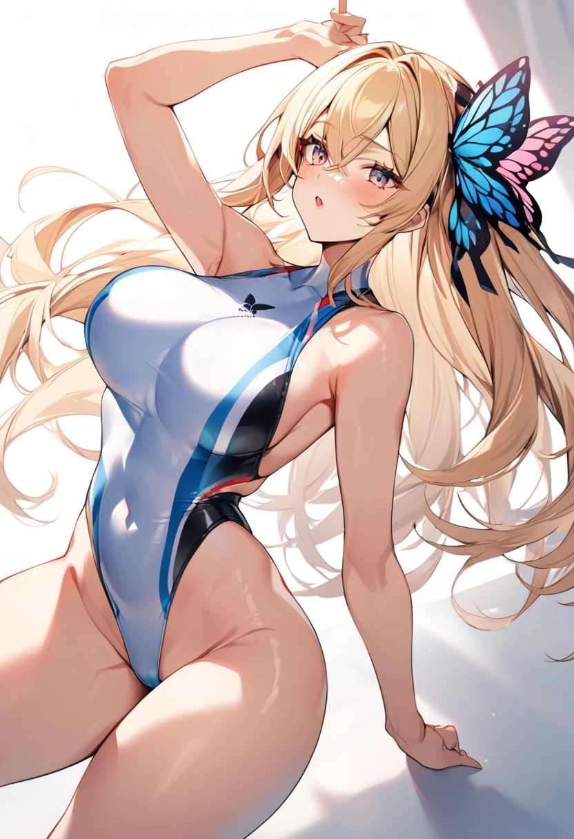 One girl, Long Hair, Blonde, Large Breasts, High resolution, High leg competitive swimsuit,butterfly hair accessories,