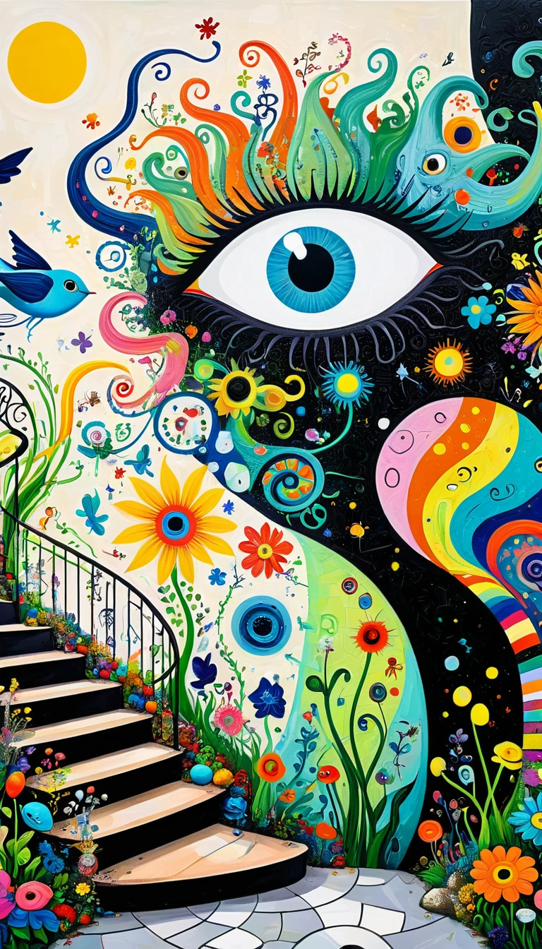 Children's graffiti,Thick coating，Concave and convex texture，Oil pastel strokes：Colorful black，Dopamine color matching，爱吃fish的猫、flowesh、spiral staircase、Tentacles、bird、(((Eye)))、diatom，Abstract mosaic painting，Describing the inner world of autistic people，Sense of space，White Space，interesting，Innocence，Psychedelic Art，
