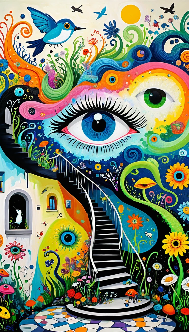 Children's graffiti,Thick coating，Concave and convex texture，Oil pastel strokes：Colorful black，Dopamine color matching，爱吃fish的猫、flowesh、spiral staircase、Tentacles、bird、(((Eye)))、diatom，Abstract mosaic painting，Describing the inner world of autistic people，Sense of space，White Space，interesting，Innocence，Psychedelic Art，
