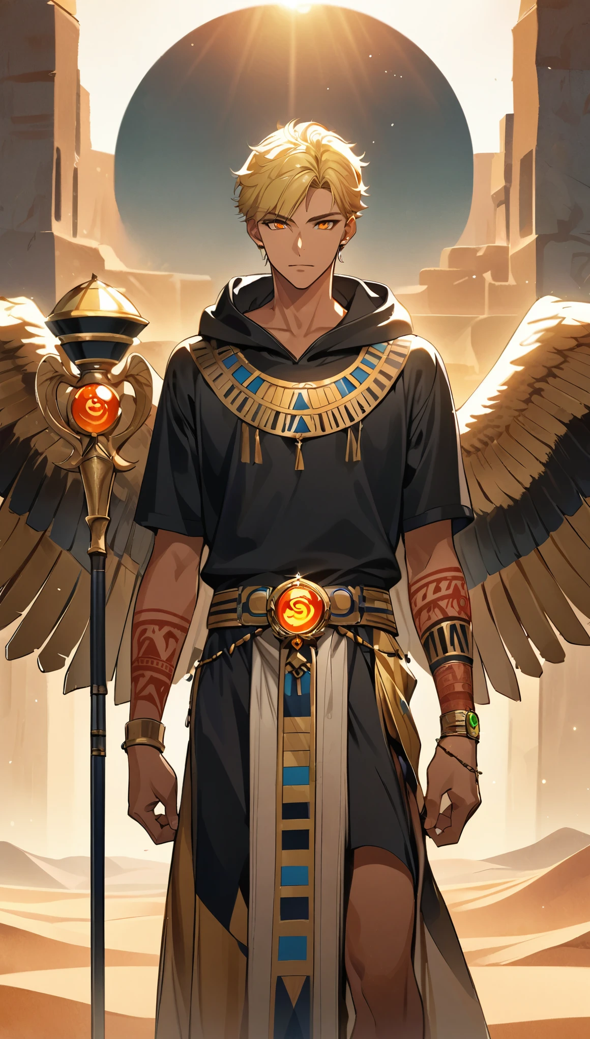 Desert Background,Handsome young man, blond, Orange Eyes, short hair, Black Hoodie,high quality, Draw Amount, pixiv illustrations,Tanned skin,Red tattoo on the arm,(Egyptian style,Egyptian Dress Up),Scepter,earrings,Sunlight,((Vision)),Eagle wings,full-body shot,