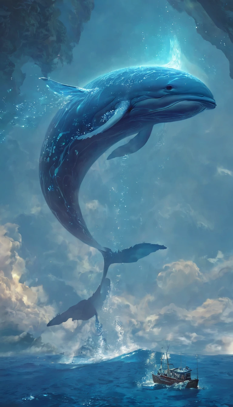 a flying whale:1.5, giant blue whale, underwater scene, deep ocean, bioluminescent glowing, ethereal atmosphere, glowing blue whale, majestic ocean creature, surreal fantasy, magical realism, dreamlike landscape, (best quality,4k,8k,highres,masterpiece:1.2),ultra-detailed,(realistic,photorealistic,photo-realistic:1.37),HDR,UHD,studio lighting,extremely detailed whale anatomy,extremely detailed ocean environment,vibrant blue and green colors,dramatic lighting,cinematic composition