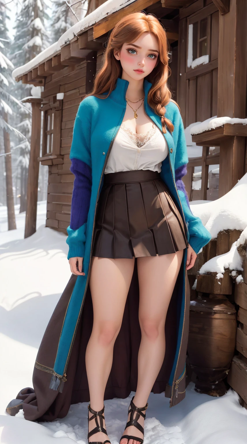 woman, ((Masterpiece, best quality)), full body view, sexy, bursting huge breasts, detailed skin, Anna from Frozen clothes, highly detailed, cinematic lighting, ultra realistic, blush, looking at viewer,  anna, anna from frozen, princess, disney, brown hair, long hair, portrait, outdoor, snow,  cleavage,  large breasts,  wide hips, full body view, tall, 
skirt, miniskirt, microskirt, pleated skirt, thighs,