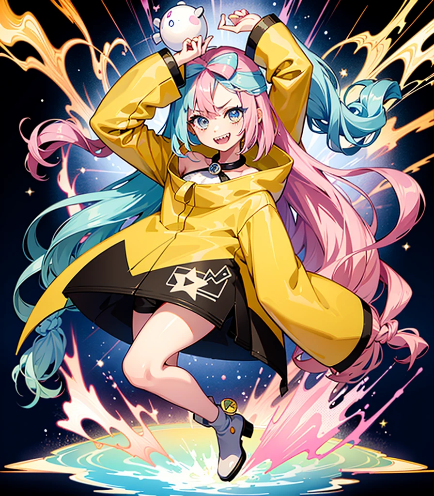 Highest quality、masterpiece、Anime Style、Pink hair and blue eyes、Yellow Jacket、Please raise your right hand、Lower your left hand、Stand only on your right foot、Raise your left leg。Sharp teeth、smile、White Background,Nanjamo,No text