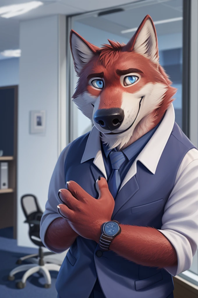 Fedorovich Wolfbach fell (Novosibirsk) ,tall handsome, wolf,young, 24 years, brown fur,Kind,(red body:1.3),beautiful blue eyes,Novosibirsk,dressed, white jacket,shirt,Red tie,trousers, shoes,canine, wolf, detailed fur, Male, second, paw pads, finger claws,At the viewer, 5 fingers, paws, 5 fingers, smile, wrist watch, т nextel,by xenoforge, (difficult, high detail, digital photography, soft focus, RAW,Collegium of Advocates,Very close to the camera, variety,Novosibirsk, smile, good mood, positive, Very close to the camera, office,
photorealism, realistic, photorealistic, digital style, subsurface scattering,I look at the viewer,hugs the she-wolf,
masterpiece, Best quality, ultra realistic, 8 thousand.)