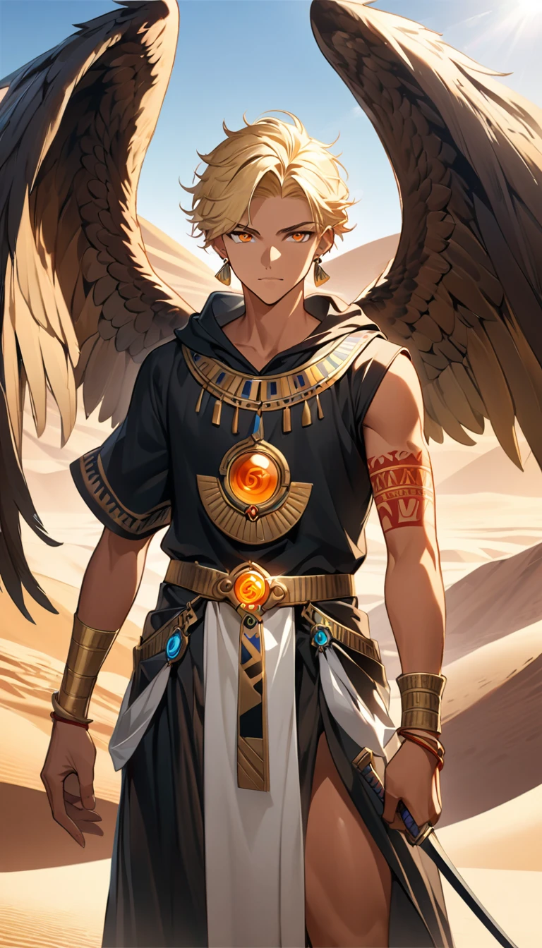 Desert Background，Handsome young man, blond, Orange Eyes, short hair, Black Hoodie,high quality, Draw Amount, pixiv illustrations，Tanned skin，Red tattoo on the arm，(Egyptian style，Egyptian Dress Up)，sword，earrings，Sunlight，((Vision)),Eagle wings，full-body shot，