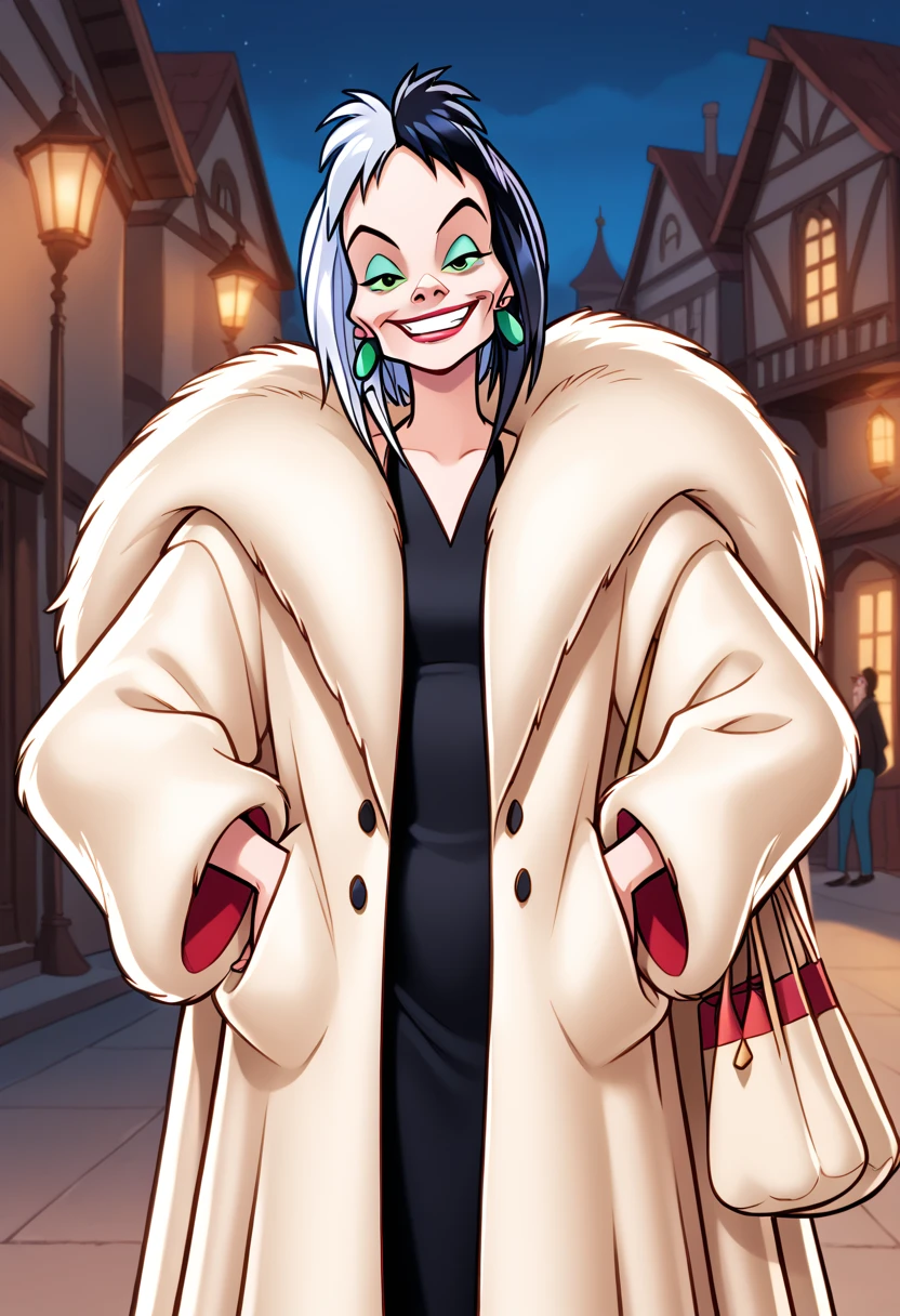 score_9, score_8, score_9, BREAK, cruella, multicolored hair, dress, fur coat, earrings, smirk, outdoors, natural lighting