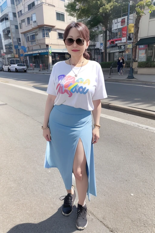 a mature beautiful 55 year old japanese woman, married woman, delicate lines, fine wrinkles, long eyelashes, glowing eyes, low ponytail, red lipstick, elegant, gorgeous appearance, sunglasses, pearl necklace, colorful t-shirt, tight skirt, full body, street corner photo shoot