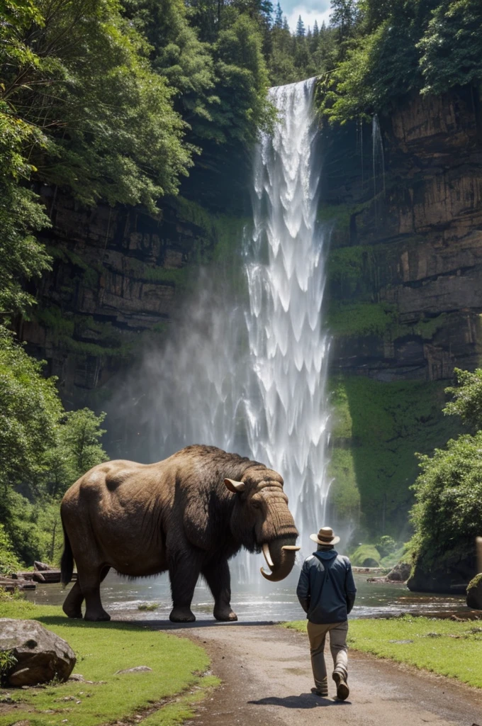 Waterfall in the background, man walking, mammoths nearby,high quality