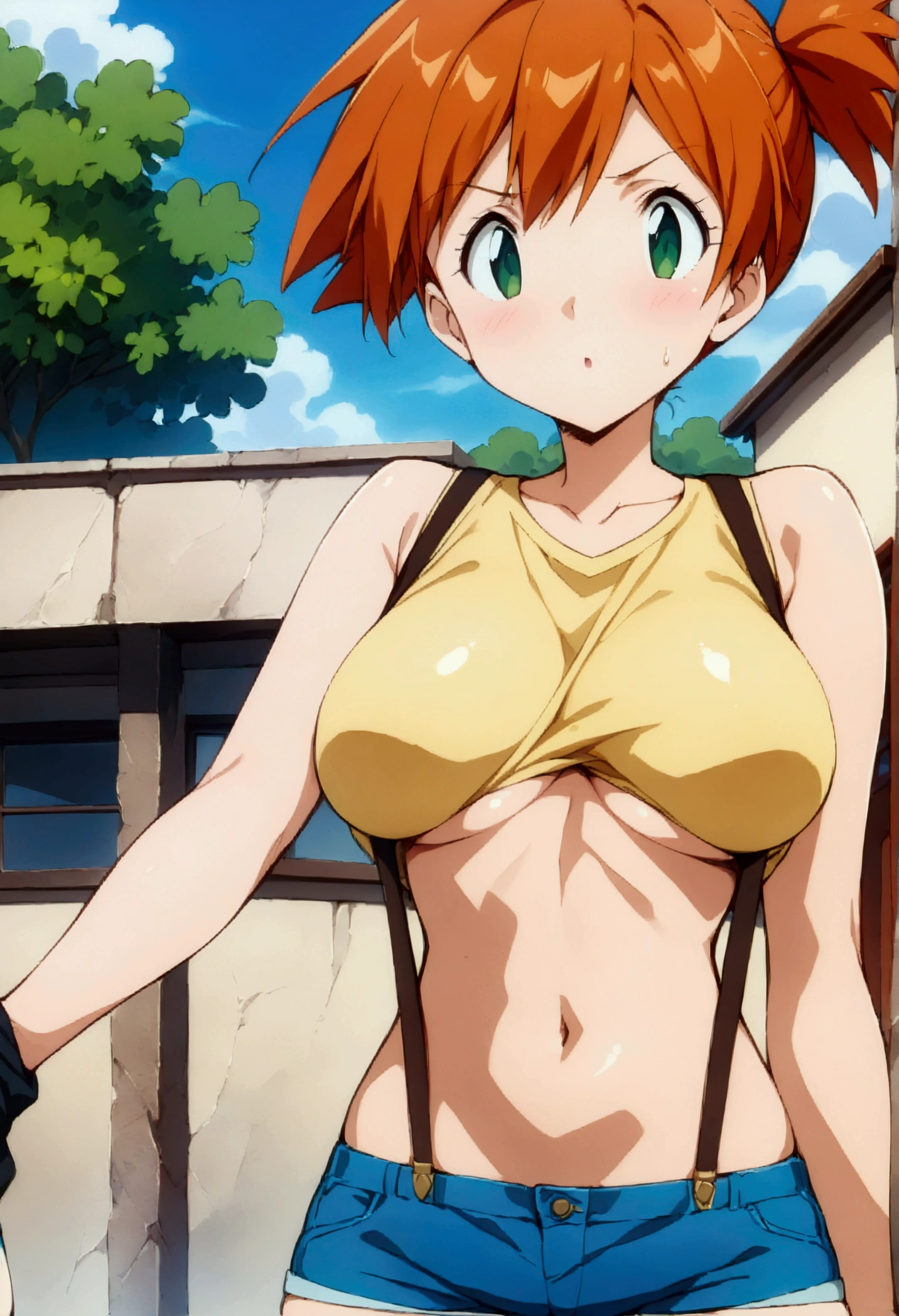 (score_9, score_8_up, score_7_up), ((best quality, masterpiece)),perfect anatomy,((aesthetic,very aesthetic)),official style, (ultra-high resolution),source_anime.from front,breast  view,face focus ,,standing ,  (mature) ,1girl, Outdoor, Green Eyes, Orange Hair, , Yellow Shirt, Sleeveless shirt,((stomach)), Denim shorts, suspenders, ,   (slender), shirt grab,shirt_pull:1.2,
